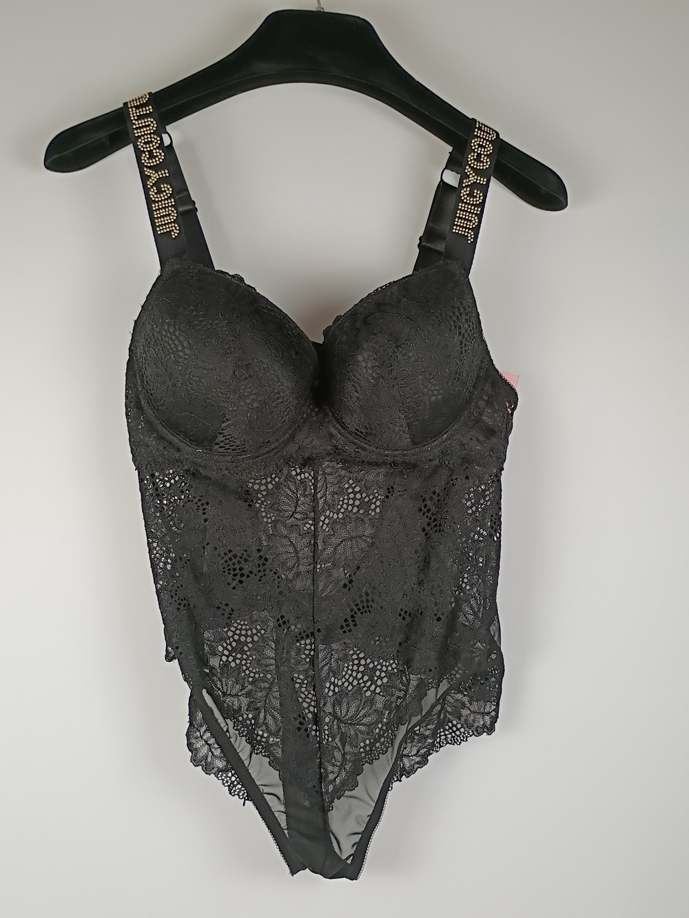 Juicy Couture Black Lace Bodysuit with Gold-Embellished Straps
